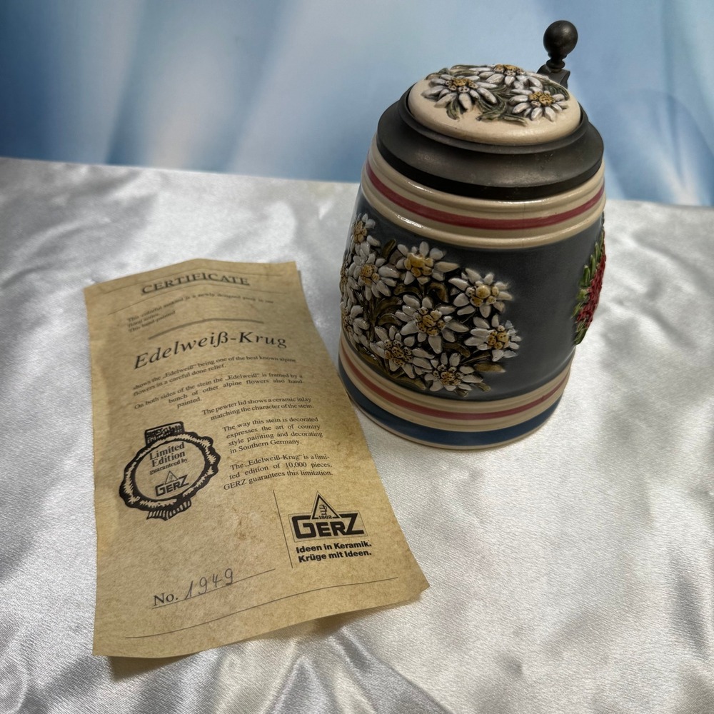 Gerz Edelweiss Beer Stein West Germany COA 6" Blue Floral Relief Limited Edition